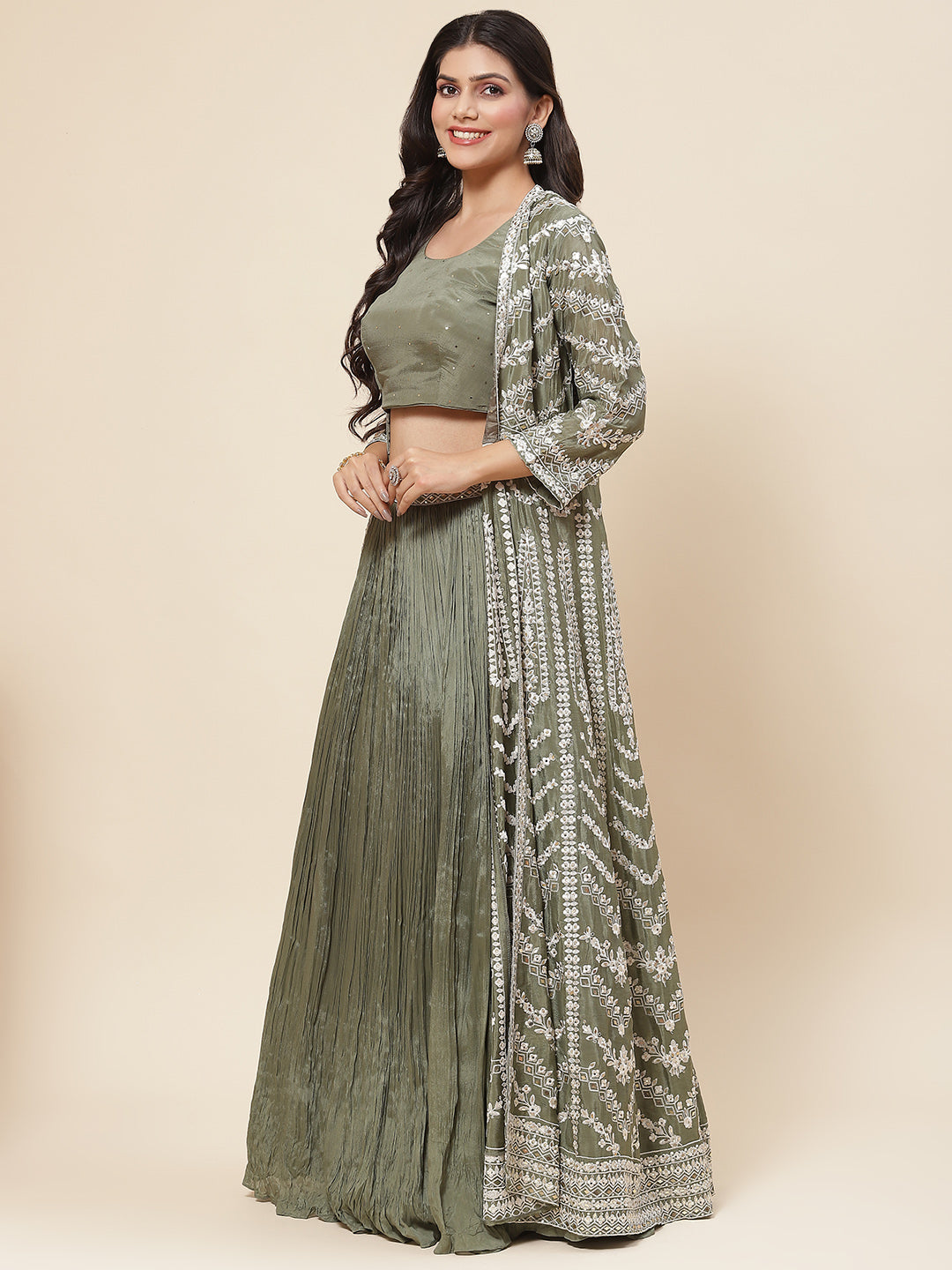 Resham Embroidered Crepe Choli With Lehenga &amp; Jacket