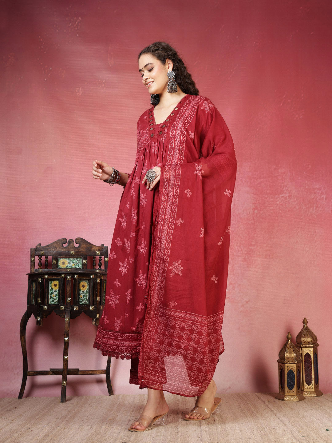 Maroon Cotton Blend Printed Anarkali Suit Set