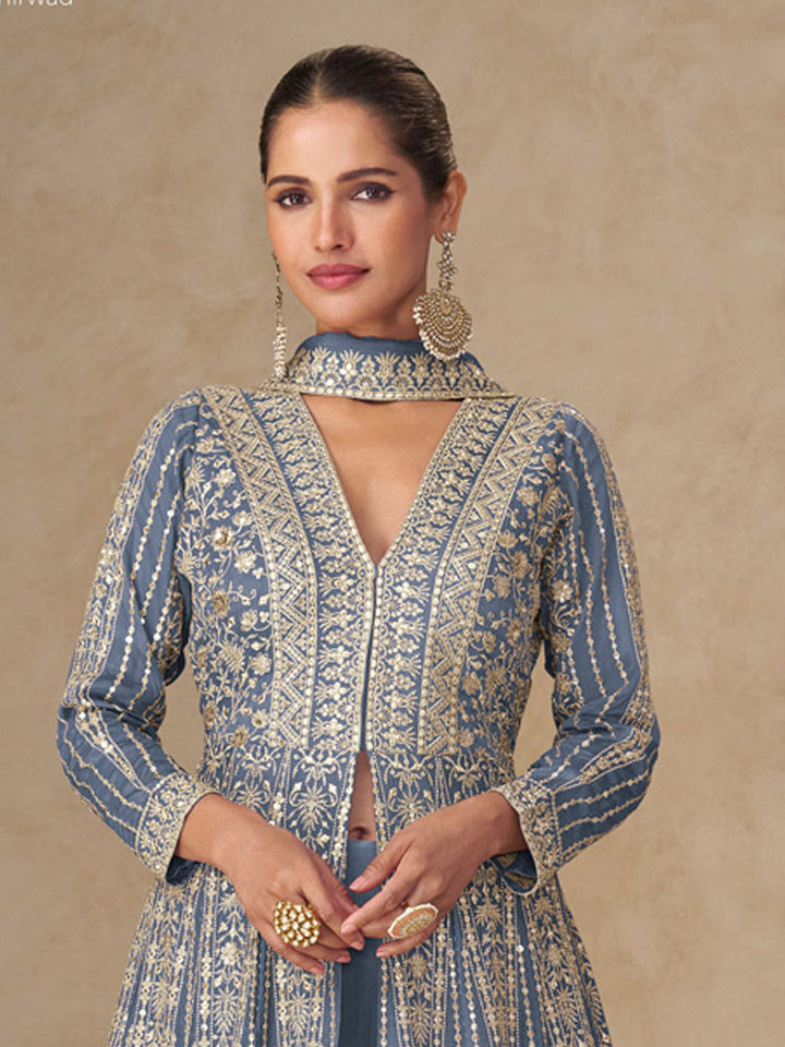 Embroidered Chinnon Silk A Line Dress With Skirt