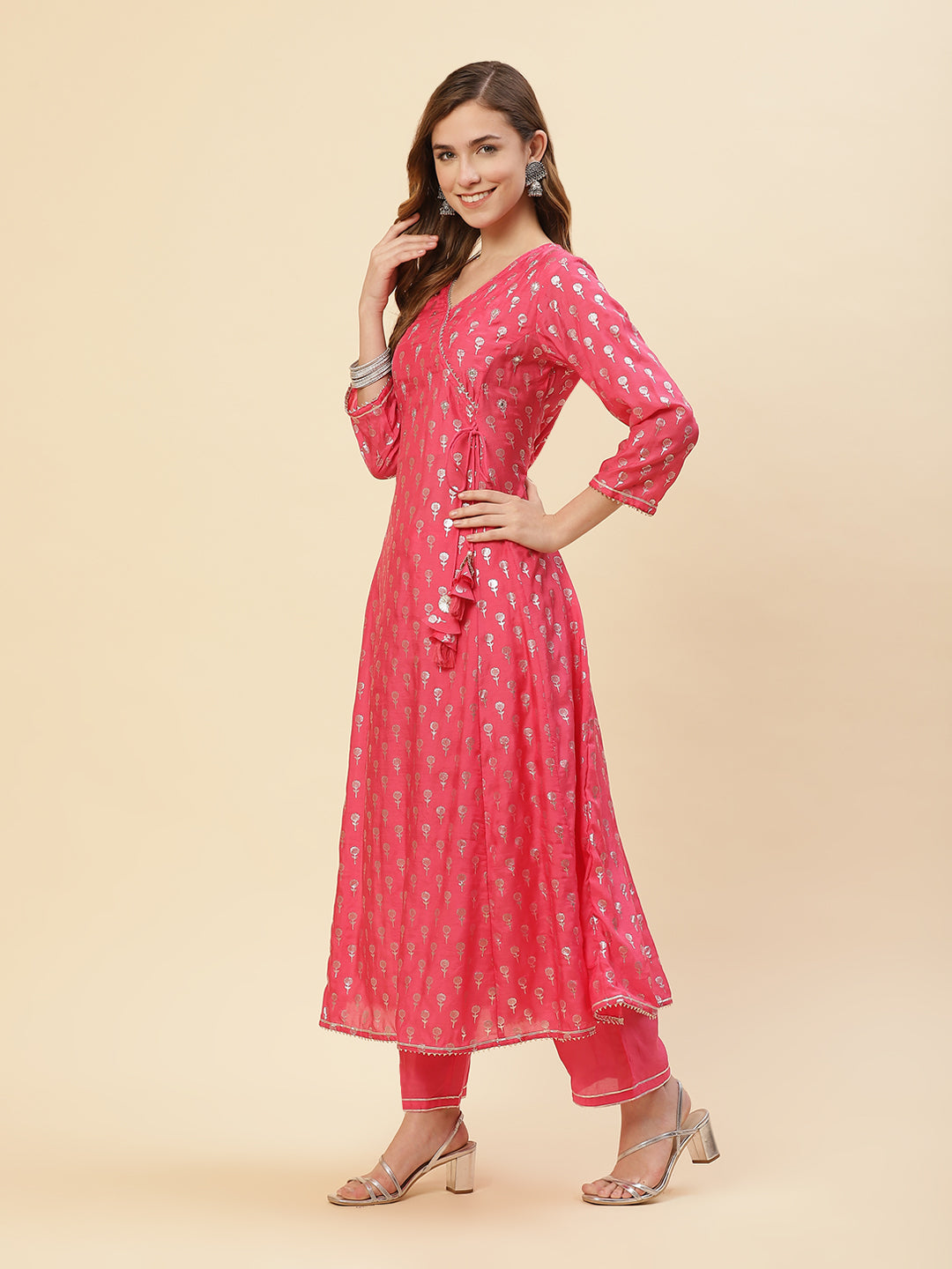 Cotton Muslin Zari Work Angrakha Kurti With Pant