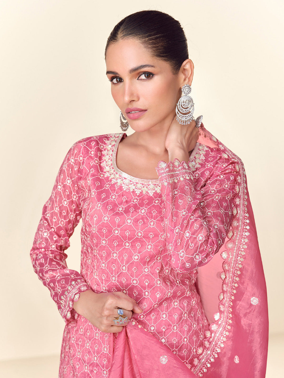 Embroidered Tissue Crush Kurta With Plazzo &amp; Dupatta