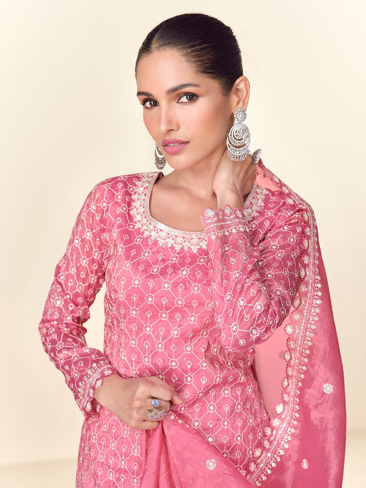 Embroidered Tissue Crush Kurta With Plazzo &amp; Dupatta