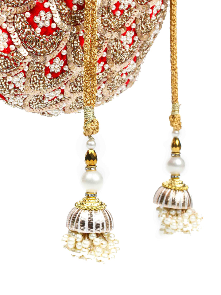 Golden Sequin &amp; Pearl Embroidered Potli Bag