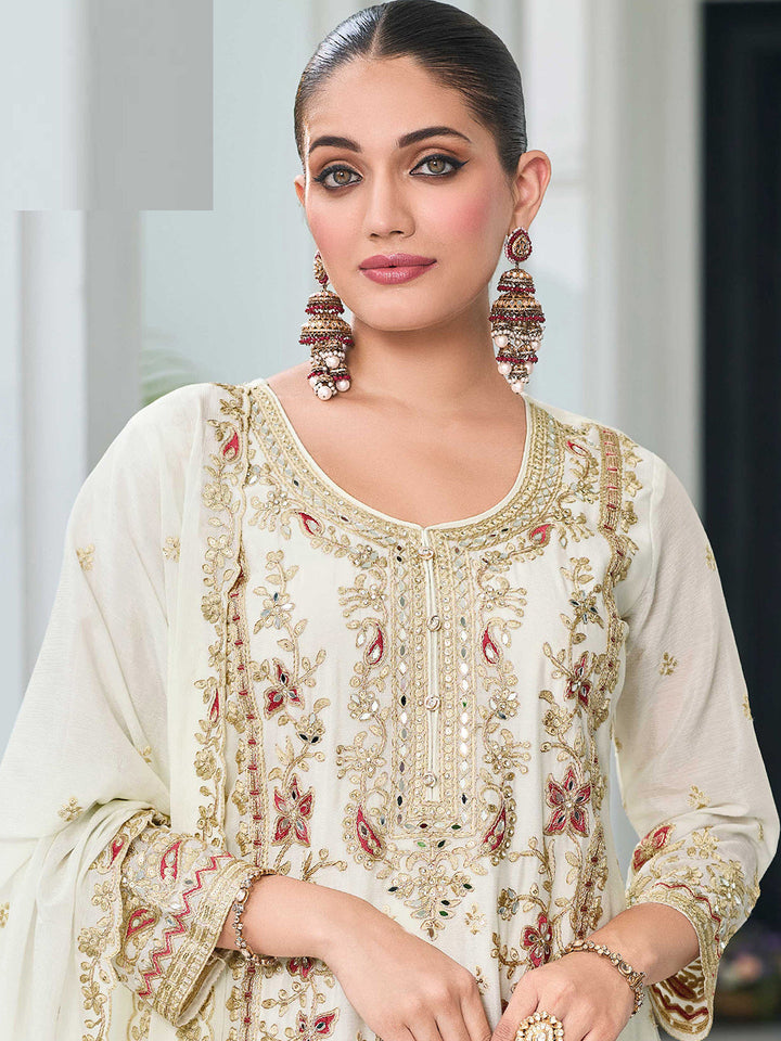 Embroidered Chinon Kurta With Plazzo &amp; Dupatta