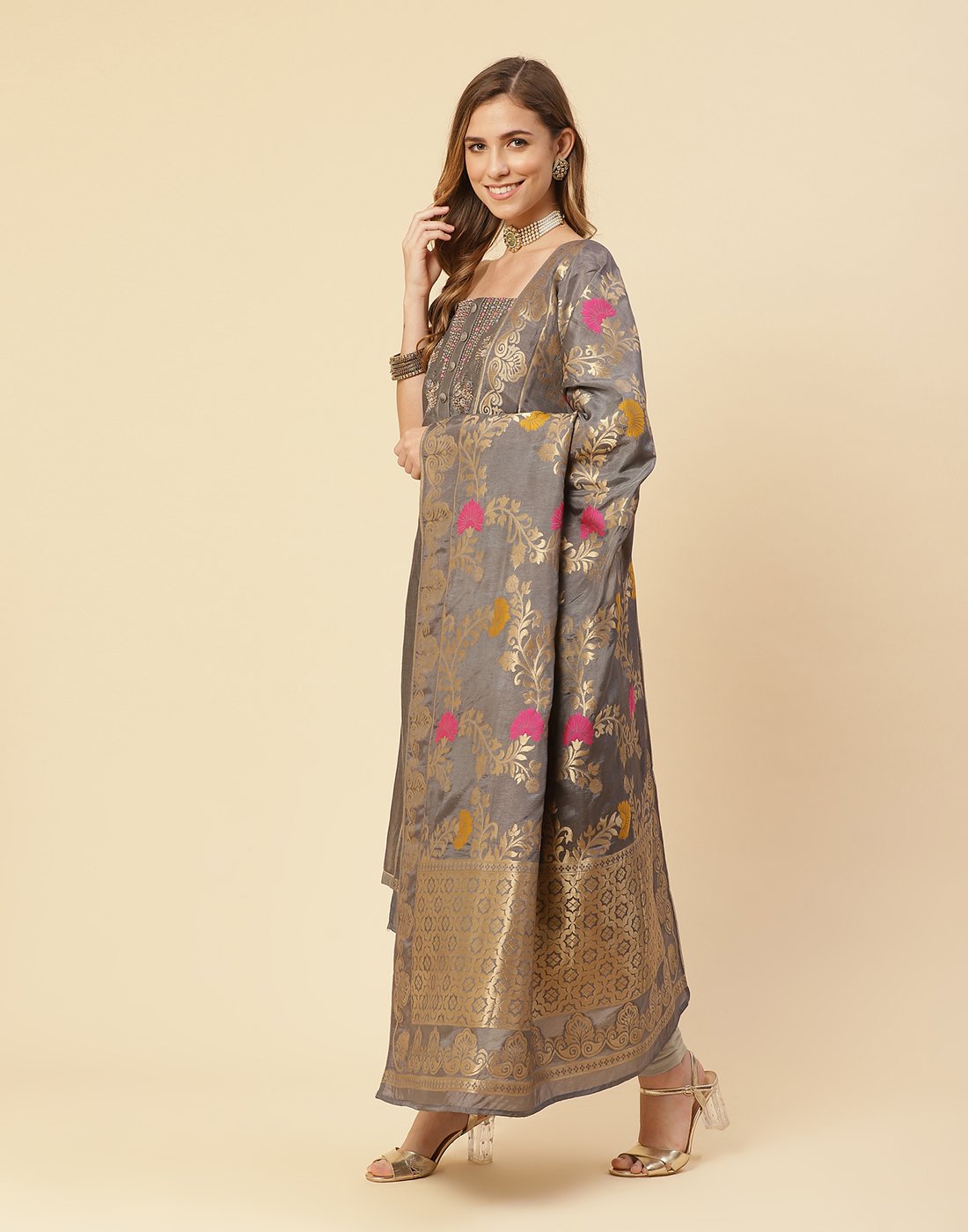 Embroidered Chanderi Suit Piece With Banarasi Dupatta