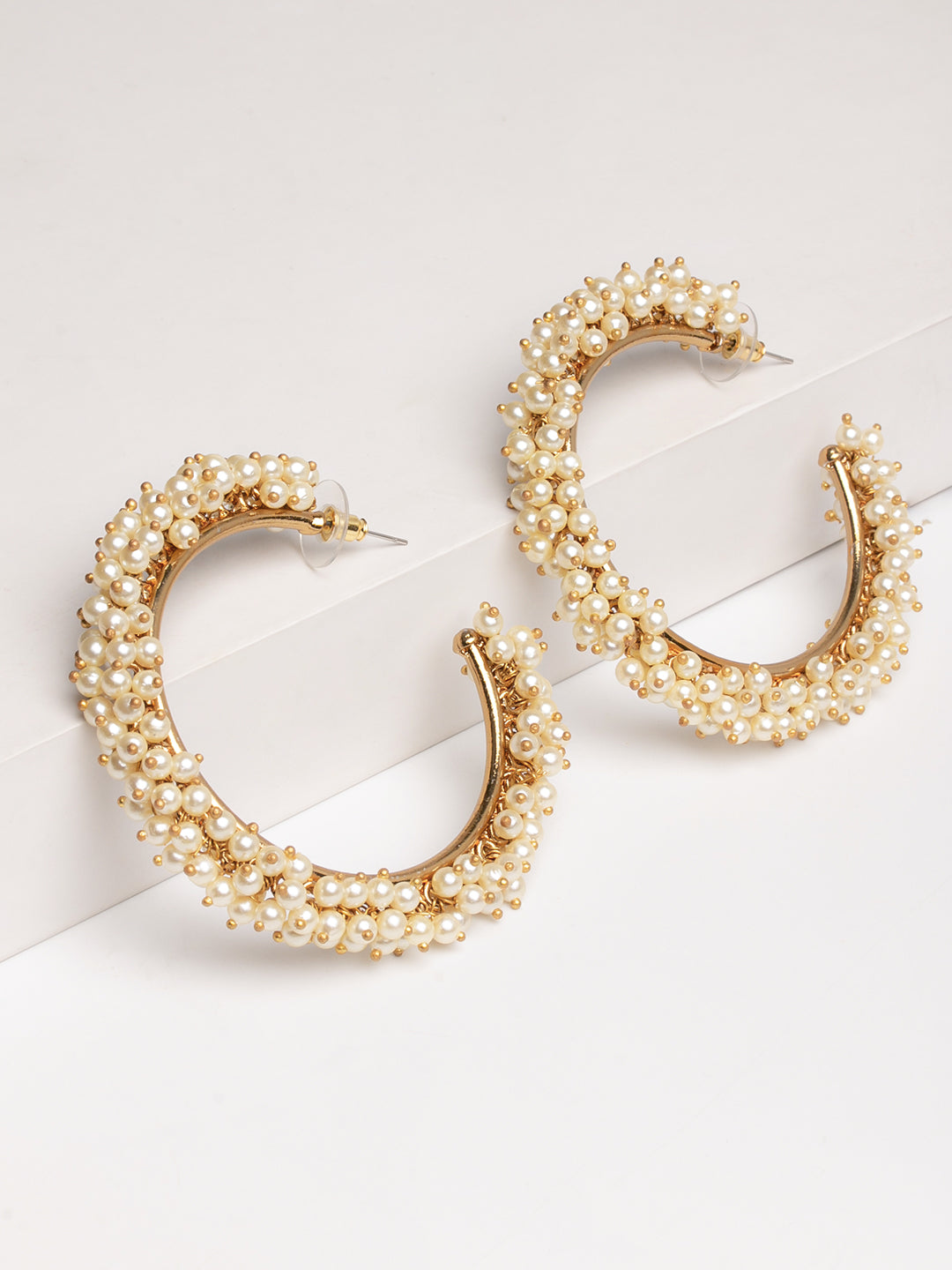 Golden &amp; White Pearl Hoop Earrings