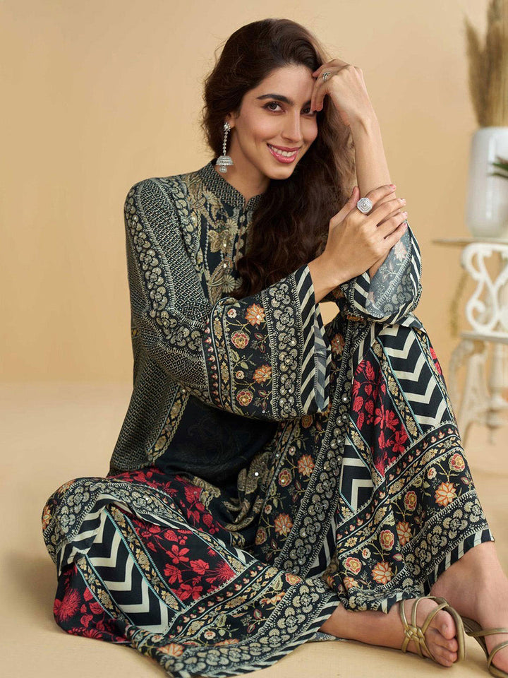 Embroidered Crepe Kurta With Plazzo &amp; Dupatta