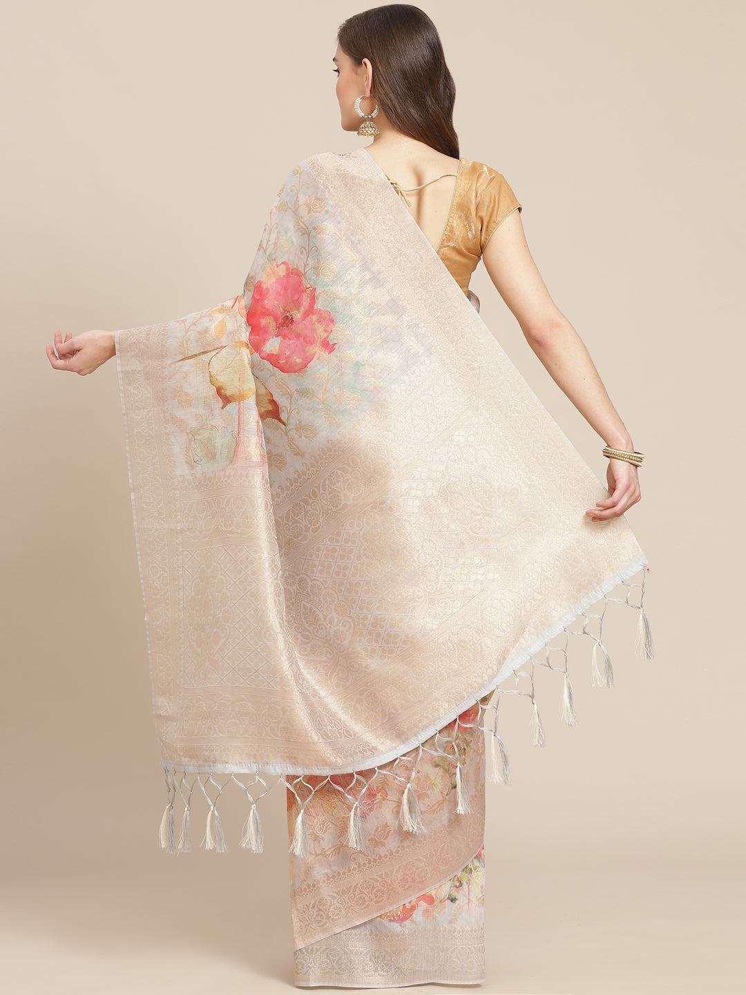 Digital Floral Printed Banarasi Pallu Cotton Chanderi Saree