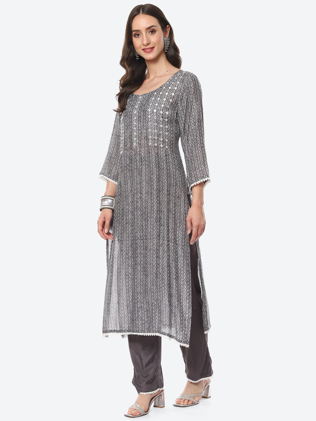 Mirror Neck Embroidered Printed Muslin Kurta With Palazzo