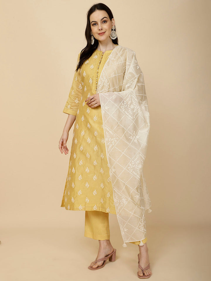 Resham Booti Embroidery Cotton Suit Set With Dupatta