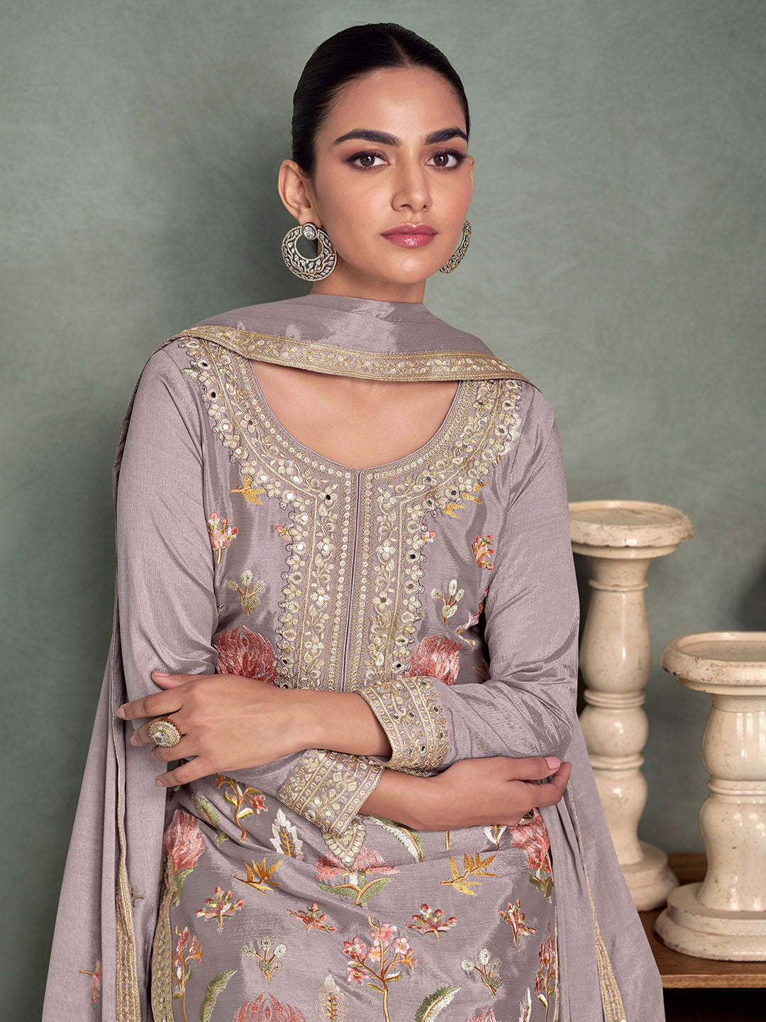 Embroidered Chinon Silk Kurta With Plazzo &amp; Dupatta