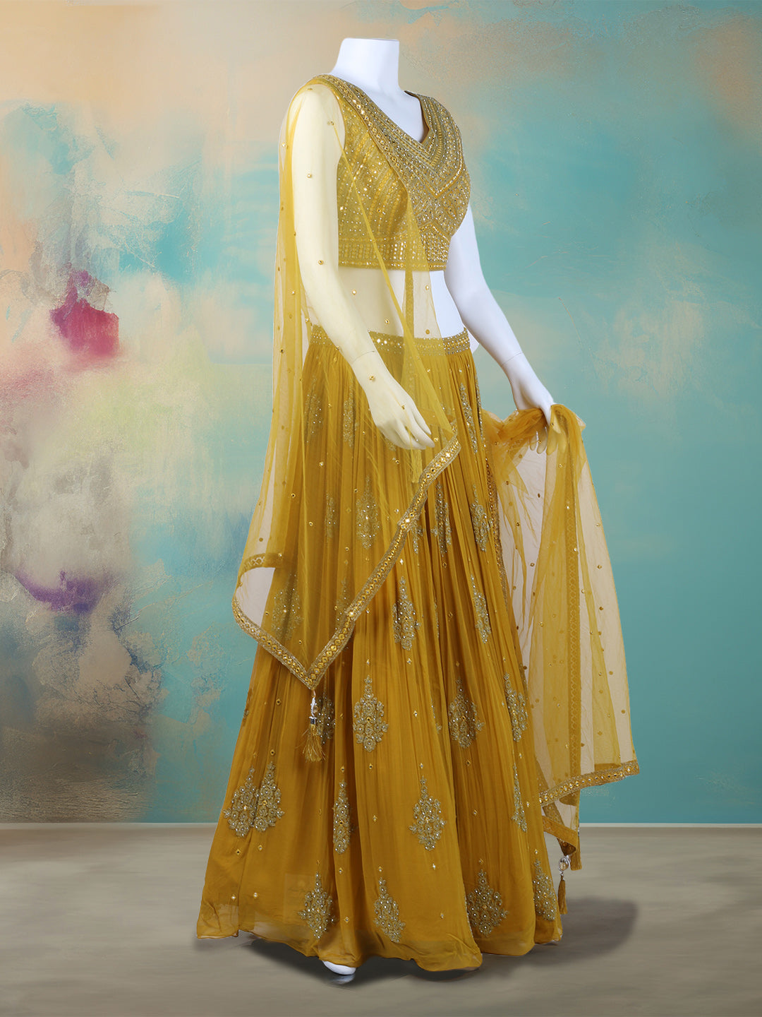 Resham Mirror Work Georgette Choli With Lehenga &amp; Dupatta