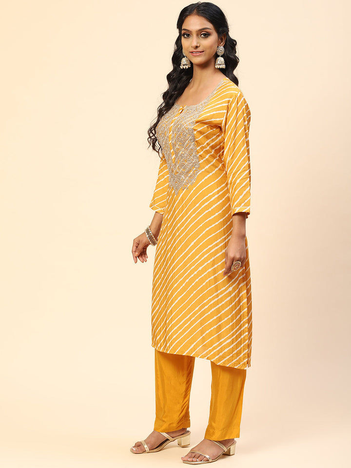 Neck Embroidered Leheriya Printed Cotton Kurta With Pants