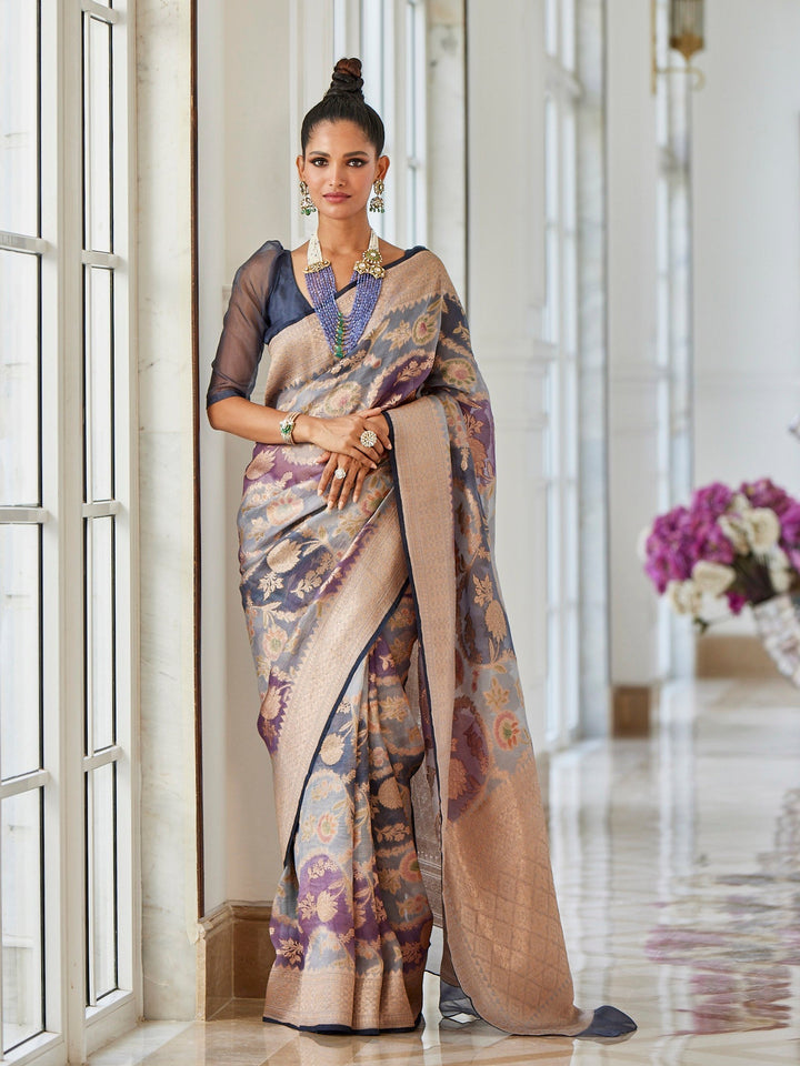 Floral Jaal Organza Plain Saree