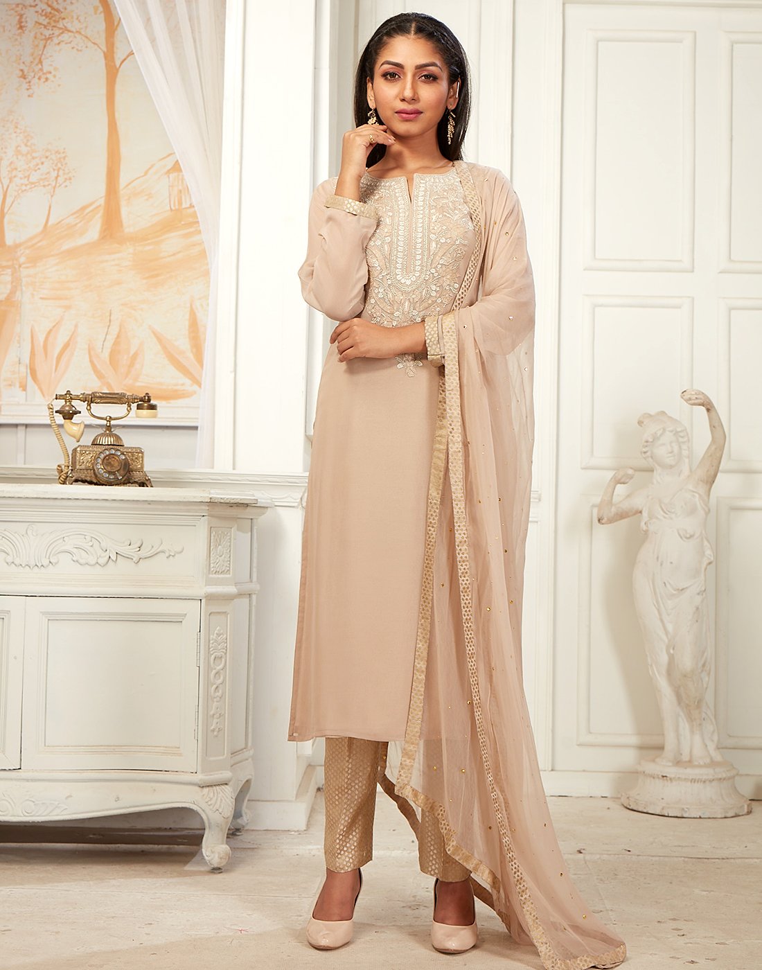 Georgette Kurta Brocade Pant Set