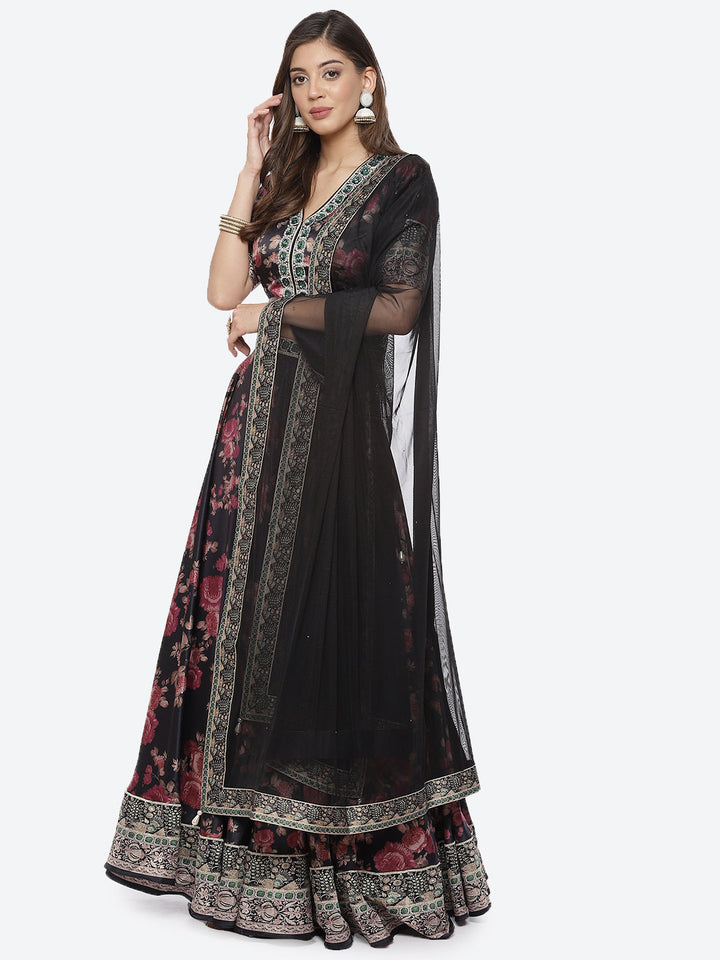 Floral Printed Satin Choli With Lehenga &amp; Net Dupatta