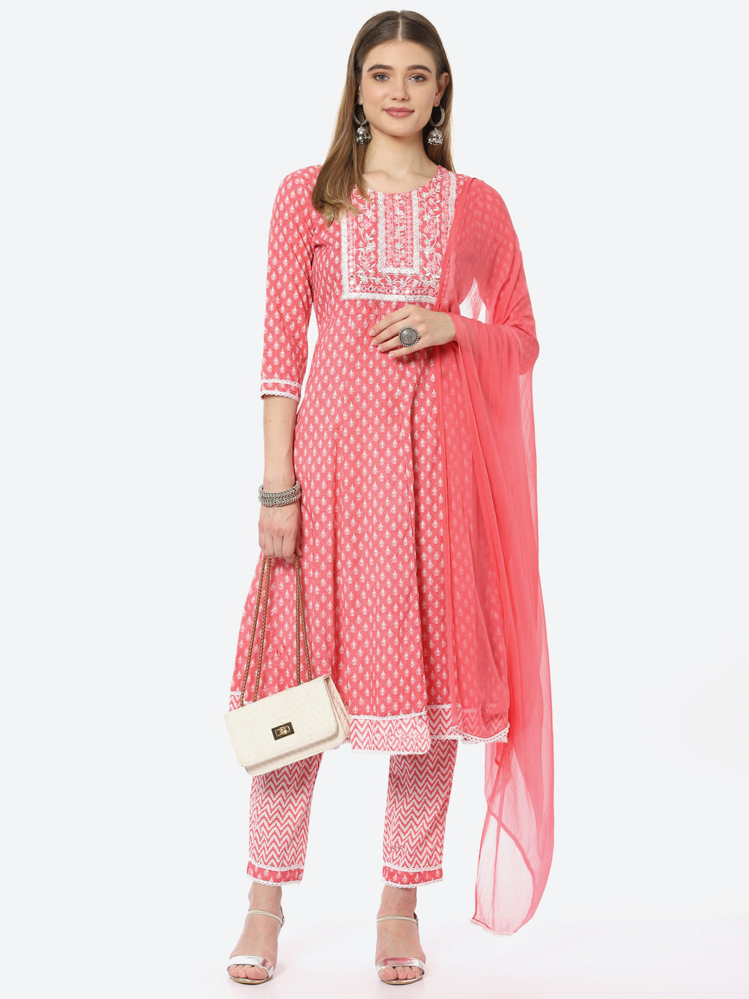 Resham Neck Booti  Printed Cotton A-line Kurta With Pant &amp; Chiffon Dupatta