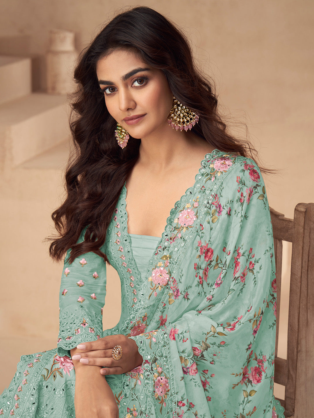 Embroidered Chinon Silk Kurta With Plazzo &amp; Dupatta