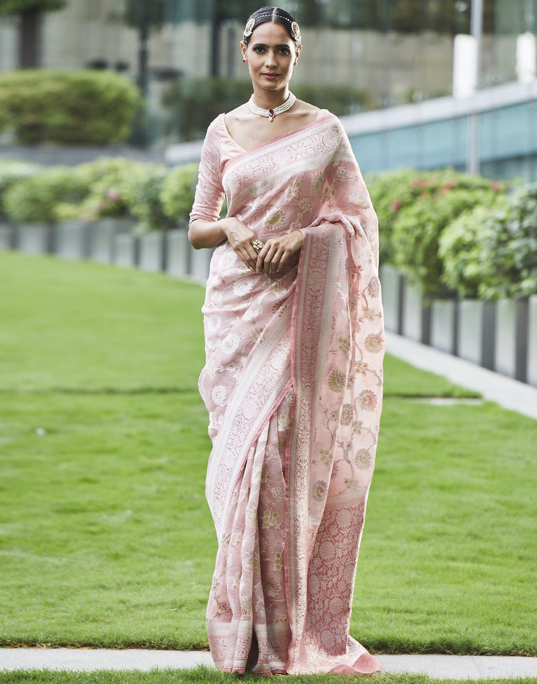 Floral Silver Jaal Banarasi Kora  Saree