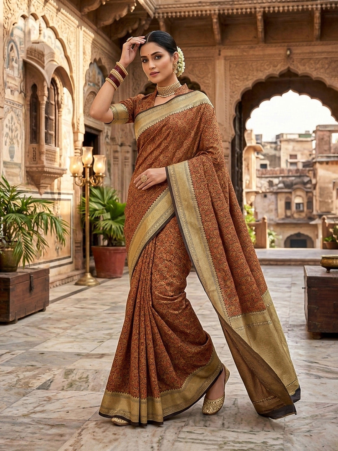 Brown Woven Design Satan Resham Banarasi Saree
