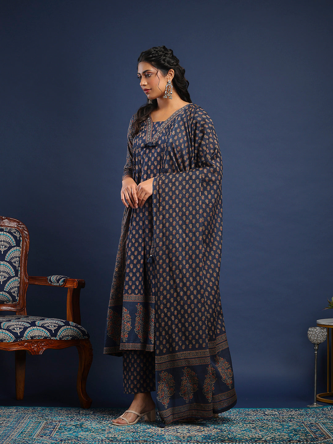 Blue Cotton Blend Printed Straight Suit Set
