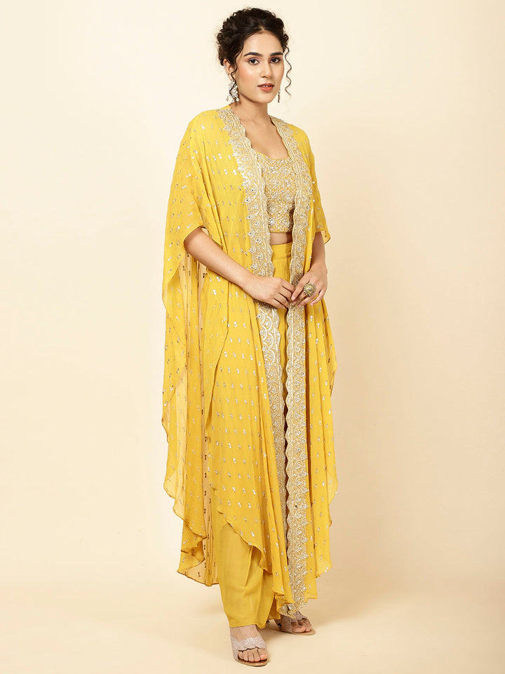 Sequin Embroidered Georgette Drape Skirt With Top &amp; Jacket