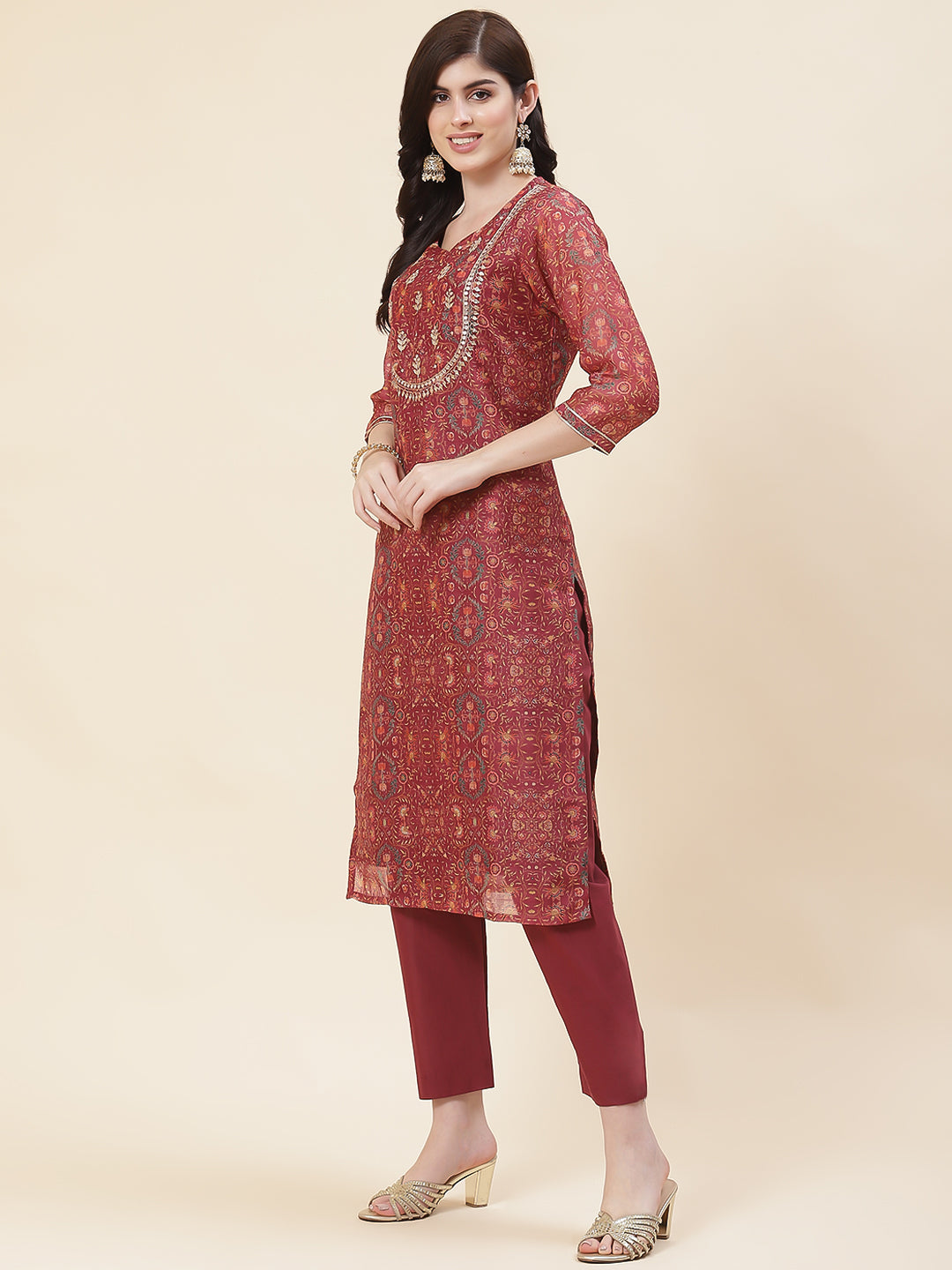 Printed Chanderi Kurta With Pants