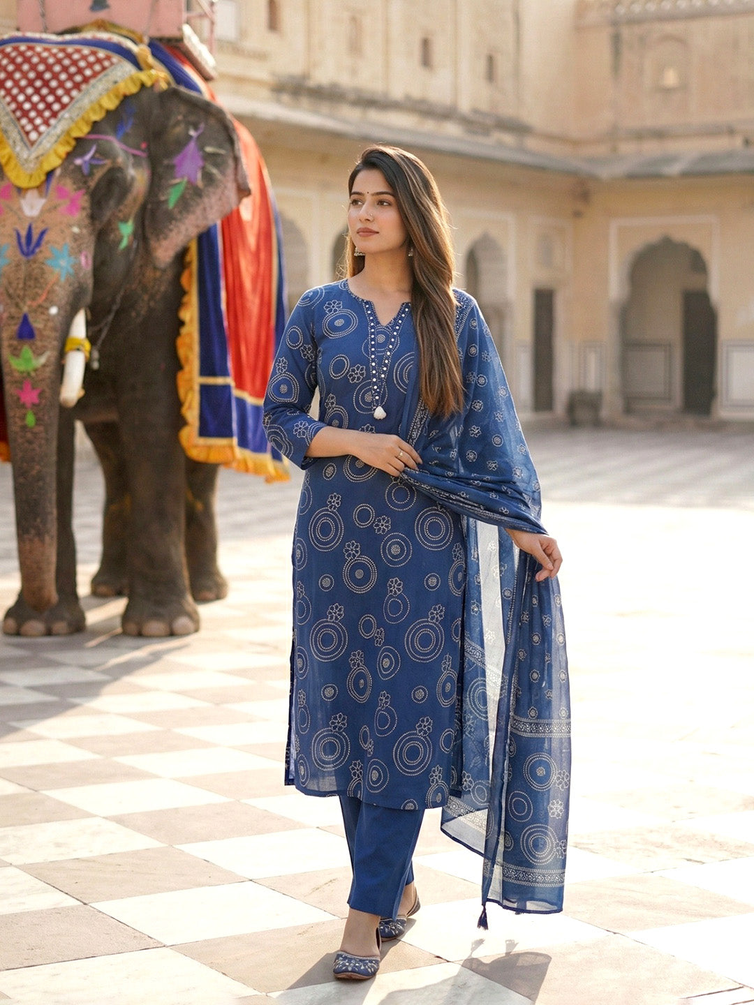 Blue Cotton Blend Printed Straight Suit Set