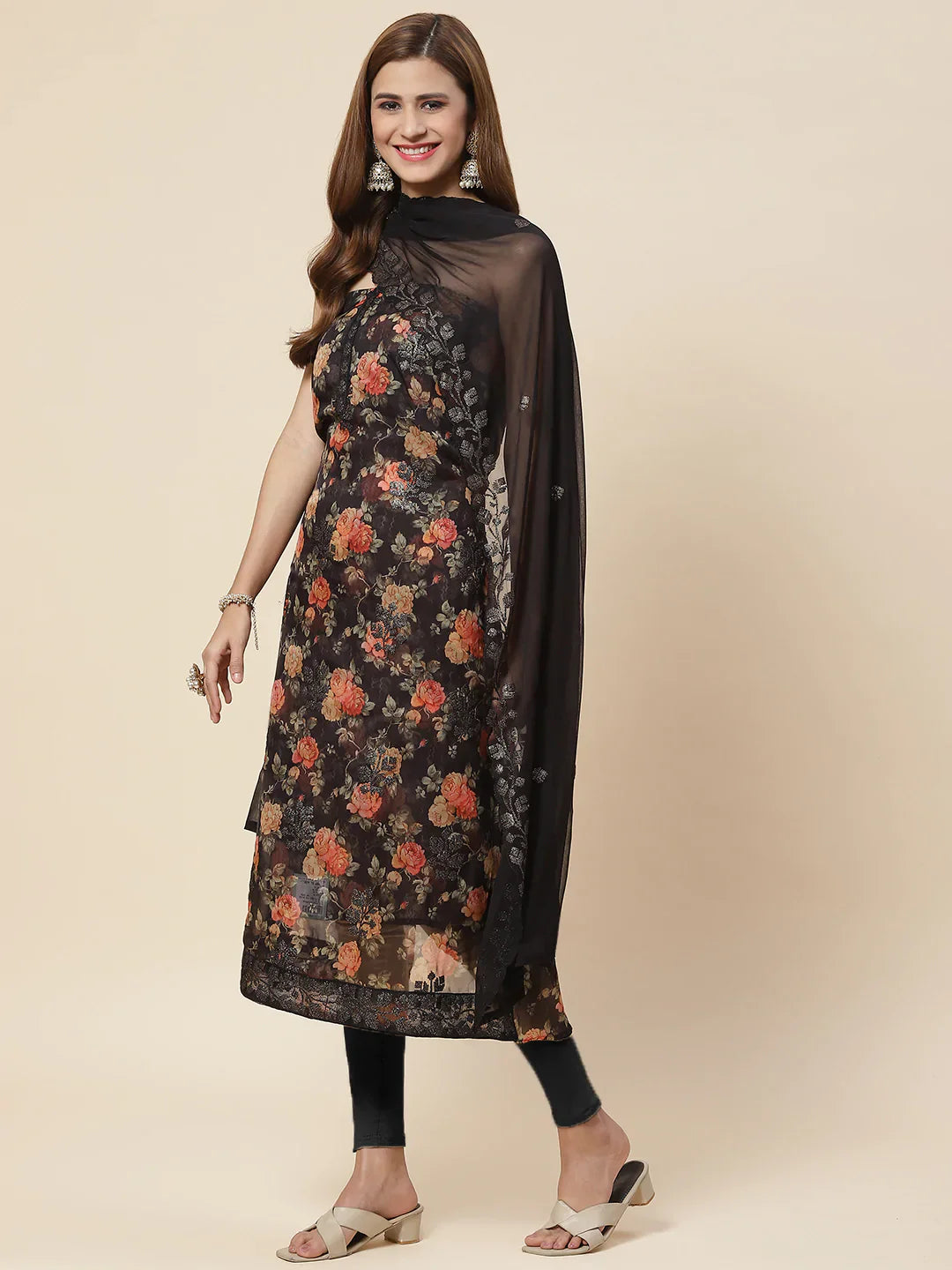 Digital Floral Printed Crepe Unstitched Suit Piece With Dupatta