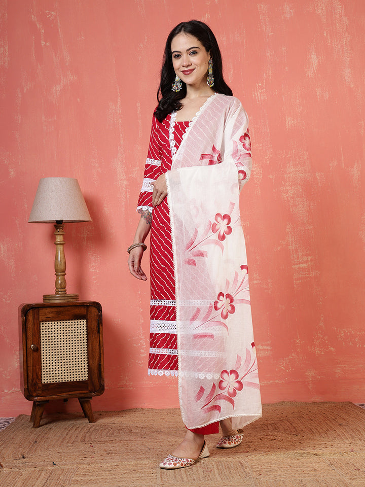 Printed Cotton Blend Kurta With Pants &amp; Dupatta