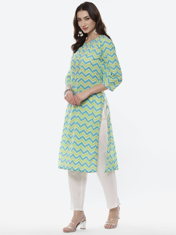 Leheriya Printed Neck Zari Cotton Kurti With Pant