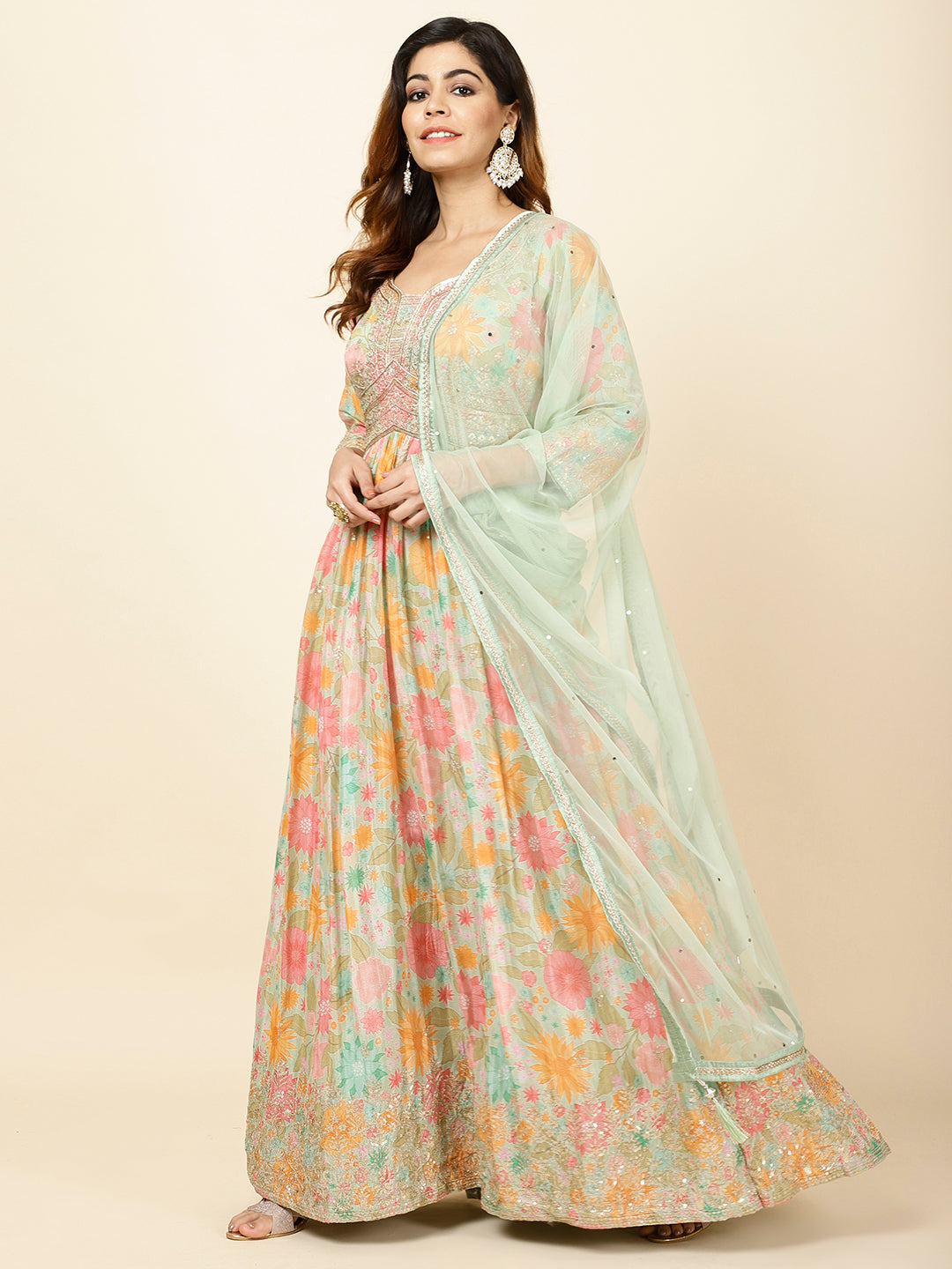 Printed Georgette Anarkali Kurta With Churidar &amp; Dupatta