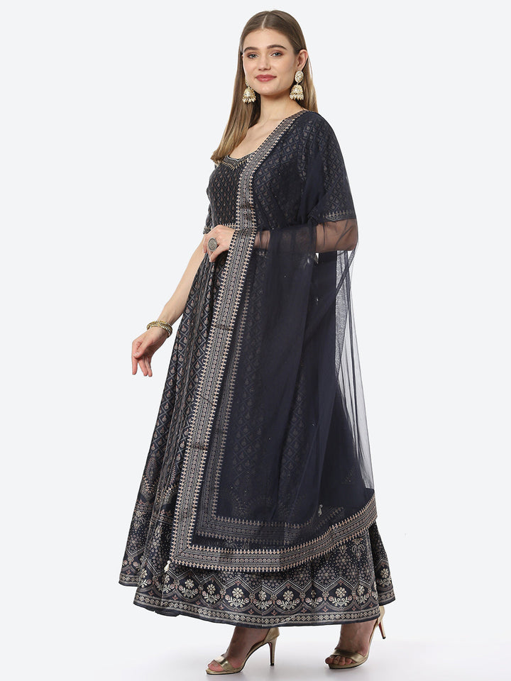 Digital Floral Printed Anarkali Kurta With Churidar &amp; Net Dupatta