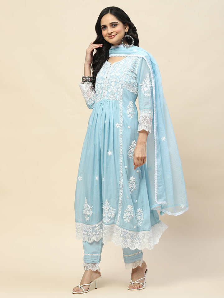 Neck Embroidery Cotton Anarkali With Pants &amp; Dupatta