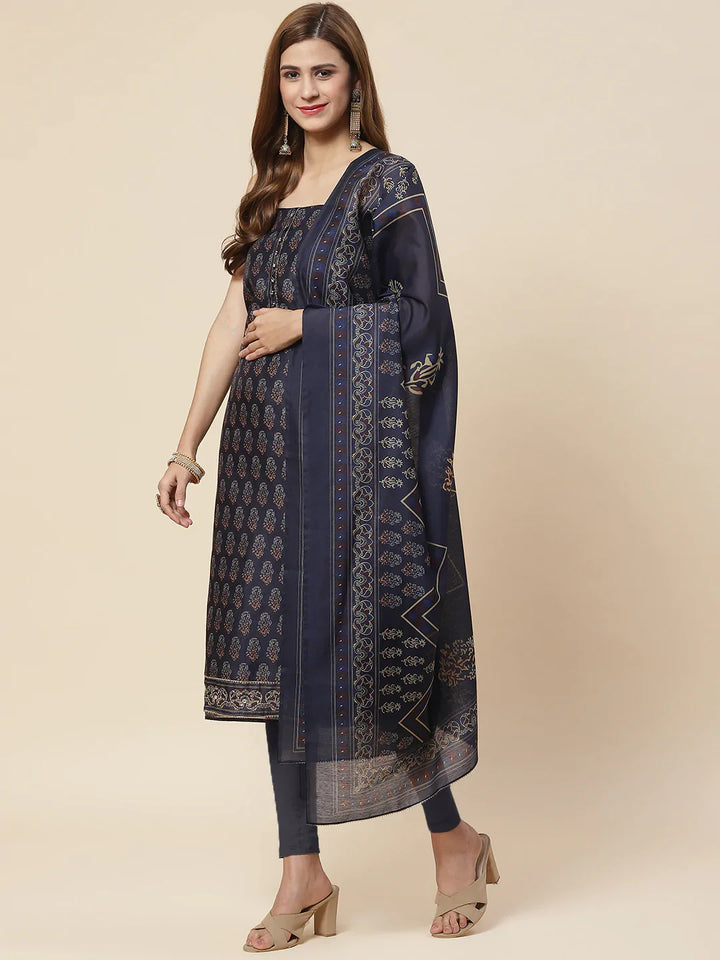 Indigo Printed Chanderi Unstitched Suit Piece With Dupatta