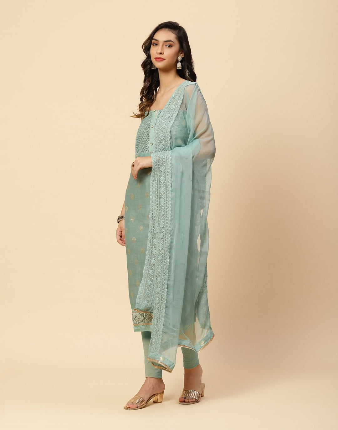 Embroidered Chanderi Suit Piece With Chiffon Dupatta