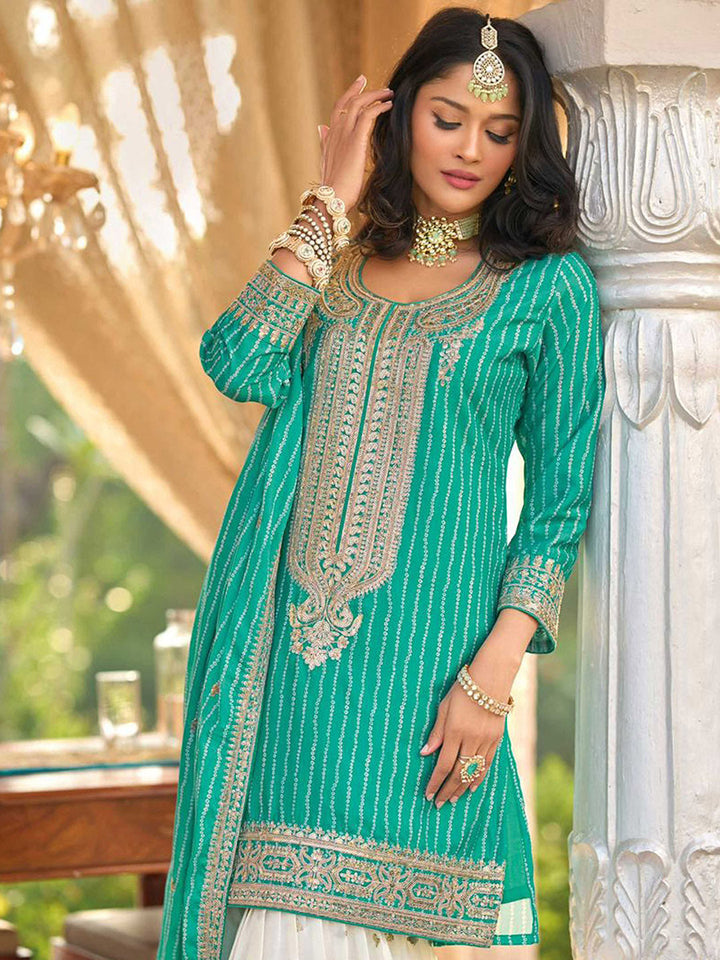 Embroidered Chinon Kurti With Gharara &amp; Dupatta