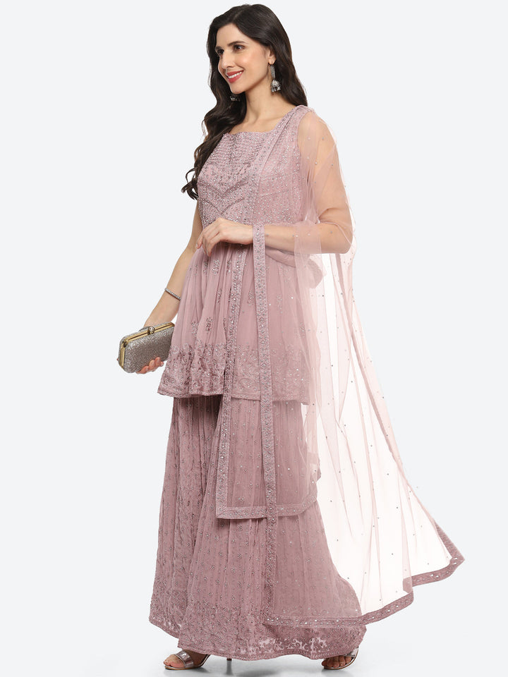 Resham Embroidered Georgette Kurti With Garara &amp; Net Dupatta