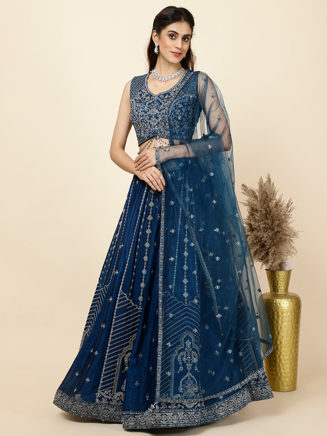 Embroidered Crepe Choli With Lehenga &amp; Dupatta
