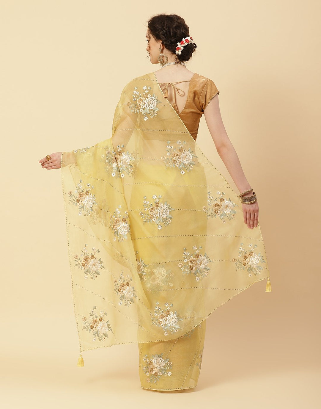 Embroidered Resham Booti Organza Kora Saree