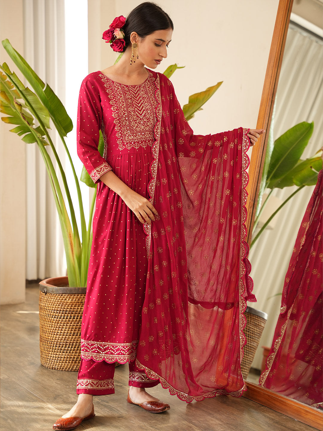 Sequin Embroidered Cotton Kurta With Pants &amp; Dupatta