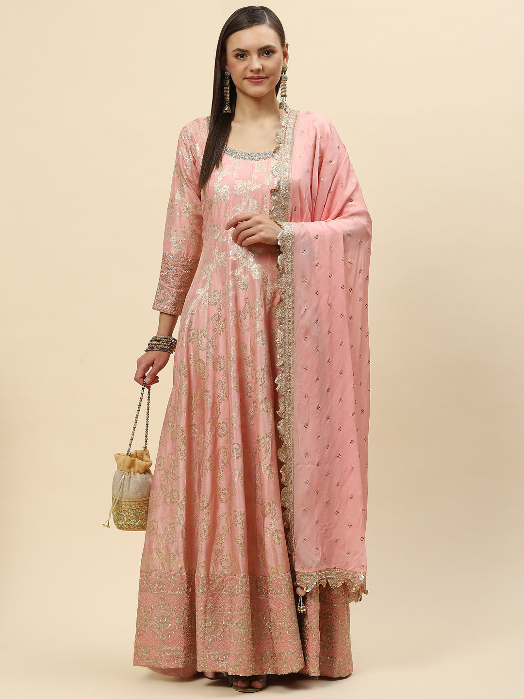 Brocade Embroidered Banarasi Handloom Kurta With Churidar &amp; Dupatta