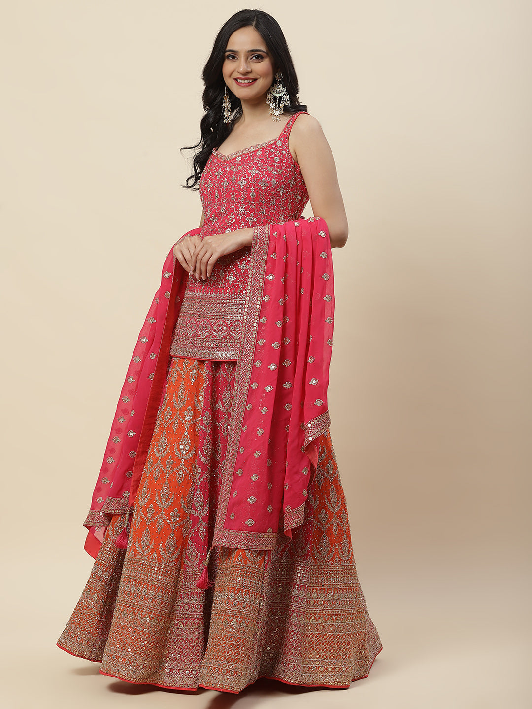 Zari Jaal Embroidered Georgette Kurti With Lehenga &amp; Dupatta