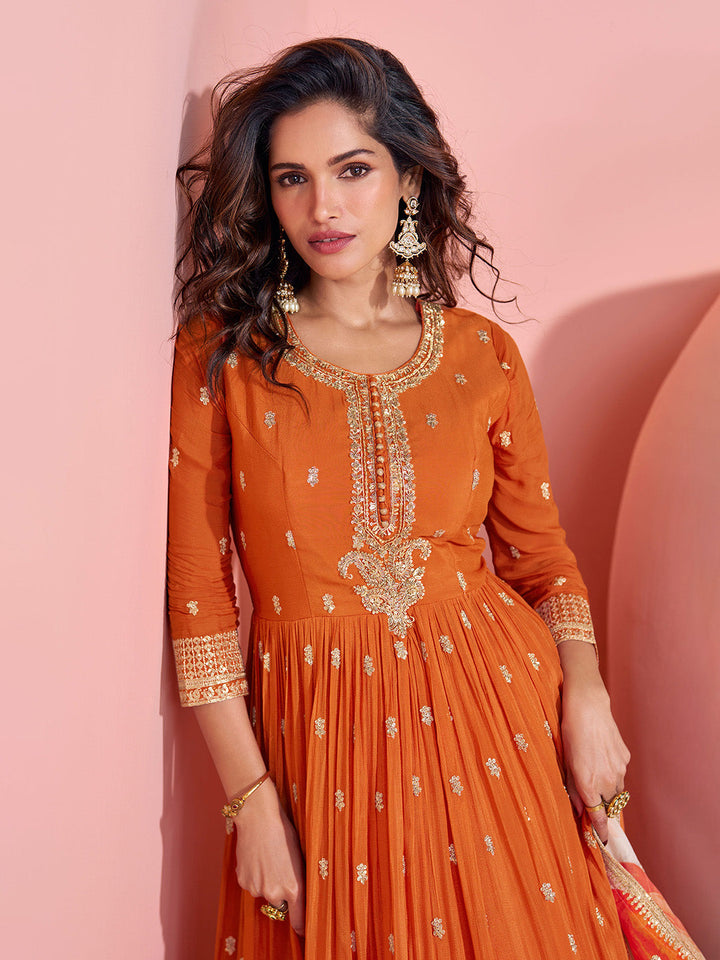 Embroidered Chinon A Line Dress With Dupatta