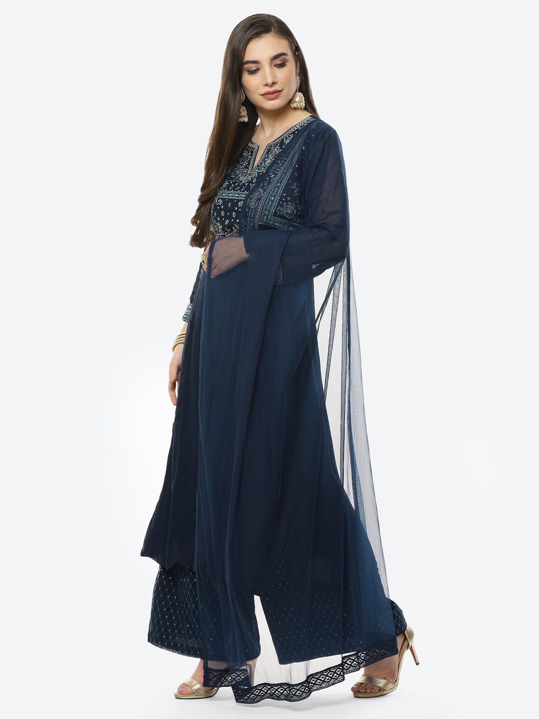 Embroidered Georgette Stitched Salwar Kameez With Net Dupatta
