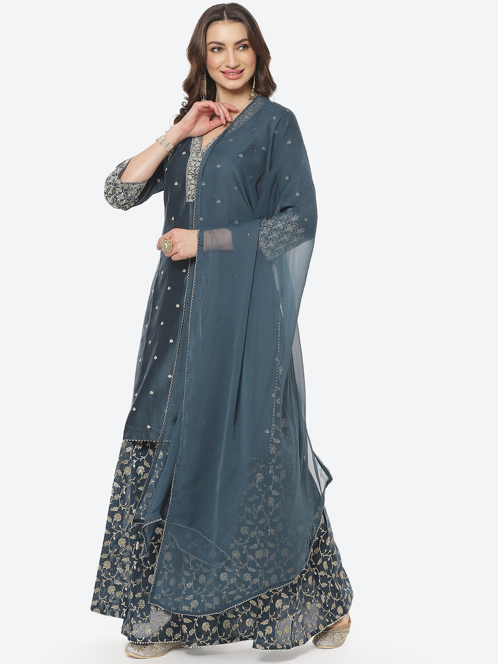Zari Booti Embroidered Cotton Chanderi Stitched Salwar Kameez With Chiffon Dupatta