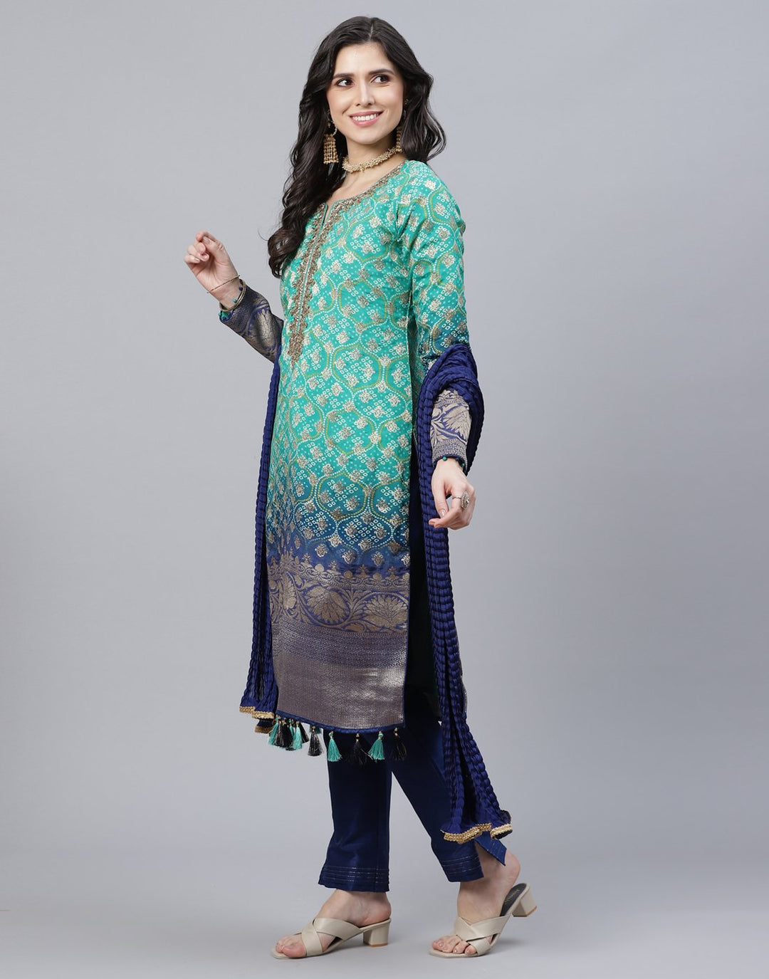 Green and Navy Salwar Kameez Stitched Suit