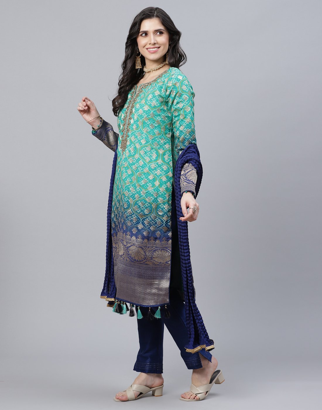 Green and Navy Salwar Kameez Stitched Suit