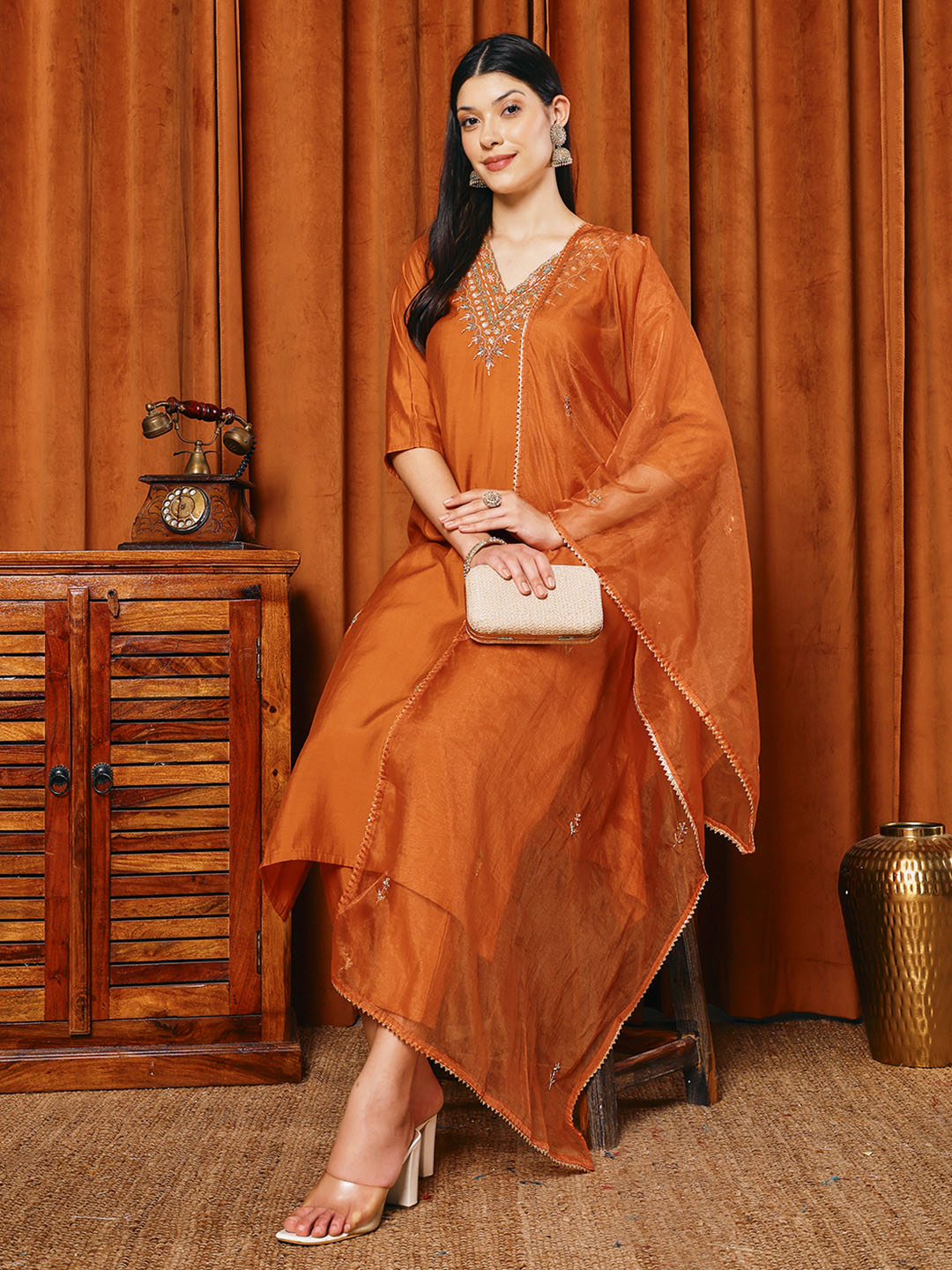 Embroidered Cotton Blend Kurta With Pants &amp; Dupatta