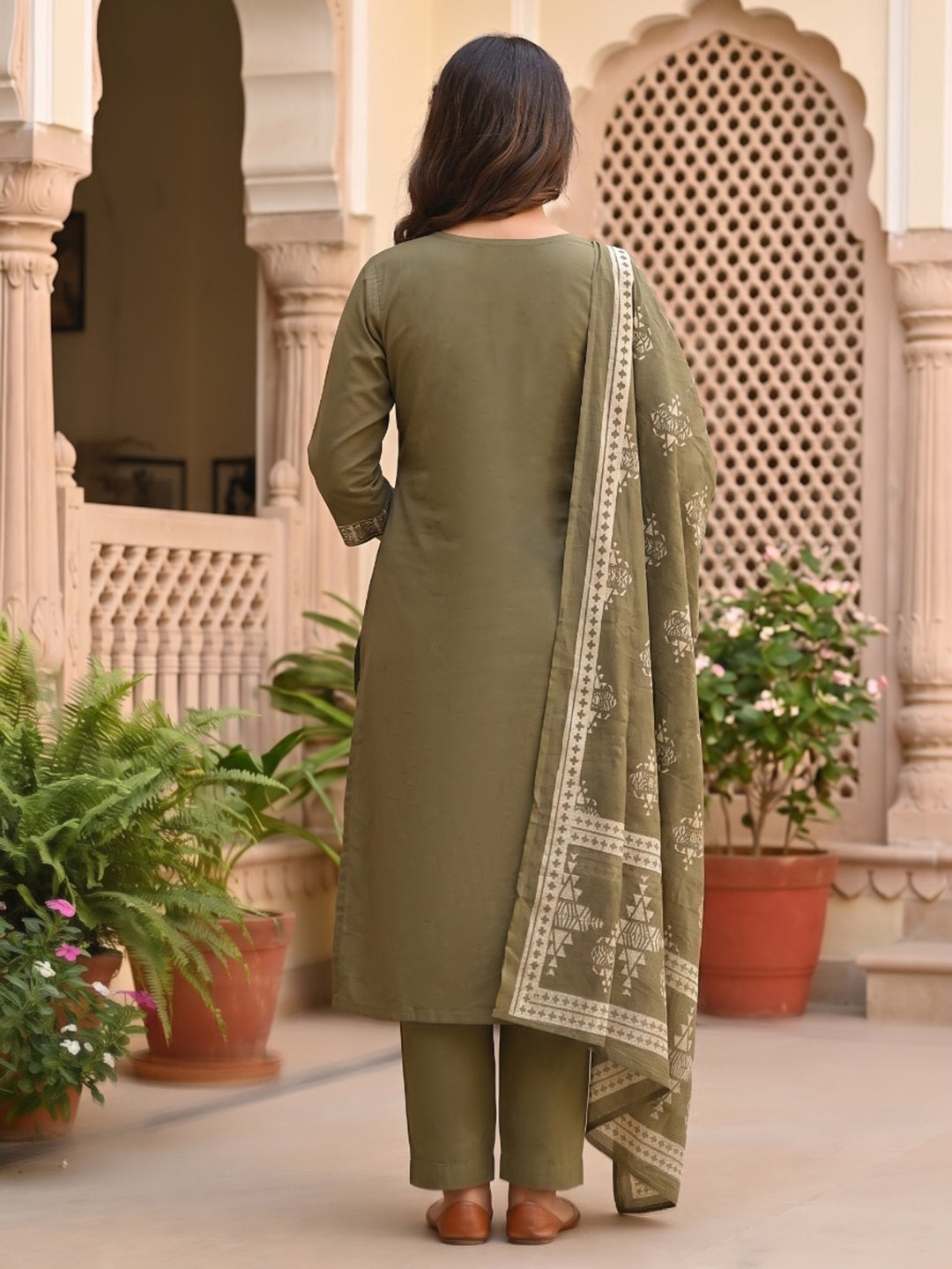 Neck Embroidered Cotton Blend Kurta With Pant &amp; Dupatta
